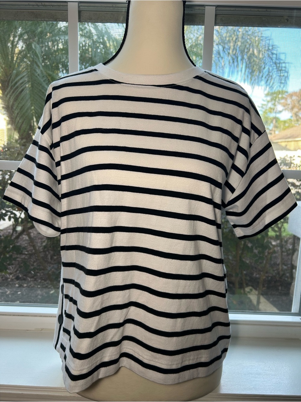 NWT🌷LOFT Black & White Striped Short Sleeve Tee with Button Details
